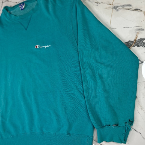 VINTAGE 90s CHAMPION CREW NECK SWEATSHIRT SZ XL TEAL BLUE THRASHED/FADED - Picture 4 of 12